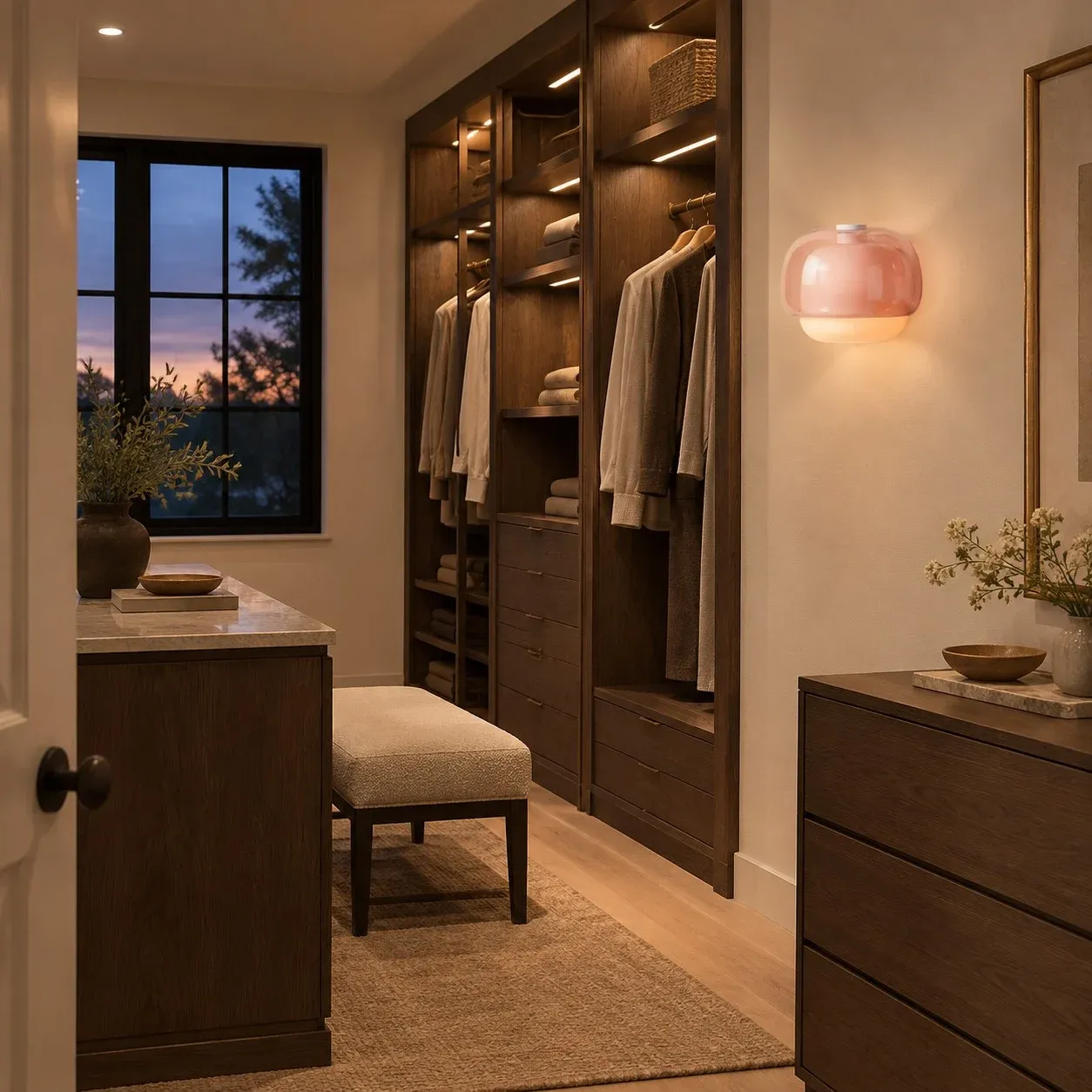 Blush glass wall sconce glowing in a dressing room