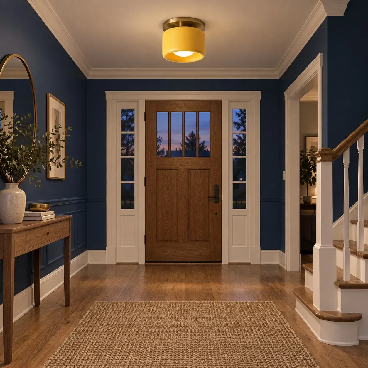 Yellow porcelain flush mount in a blue entry hall at dusk