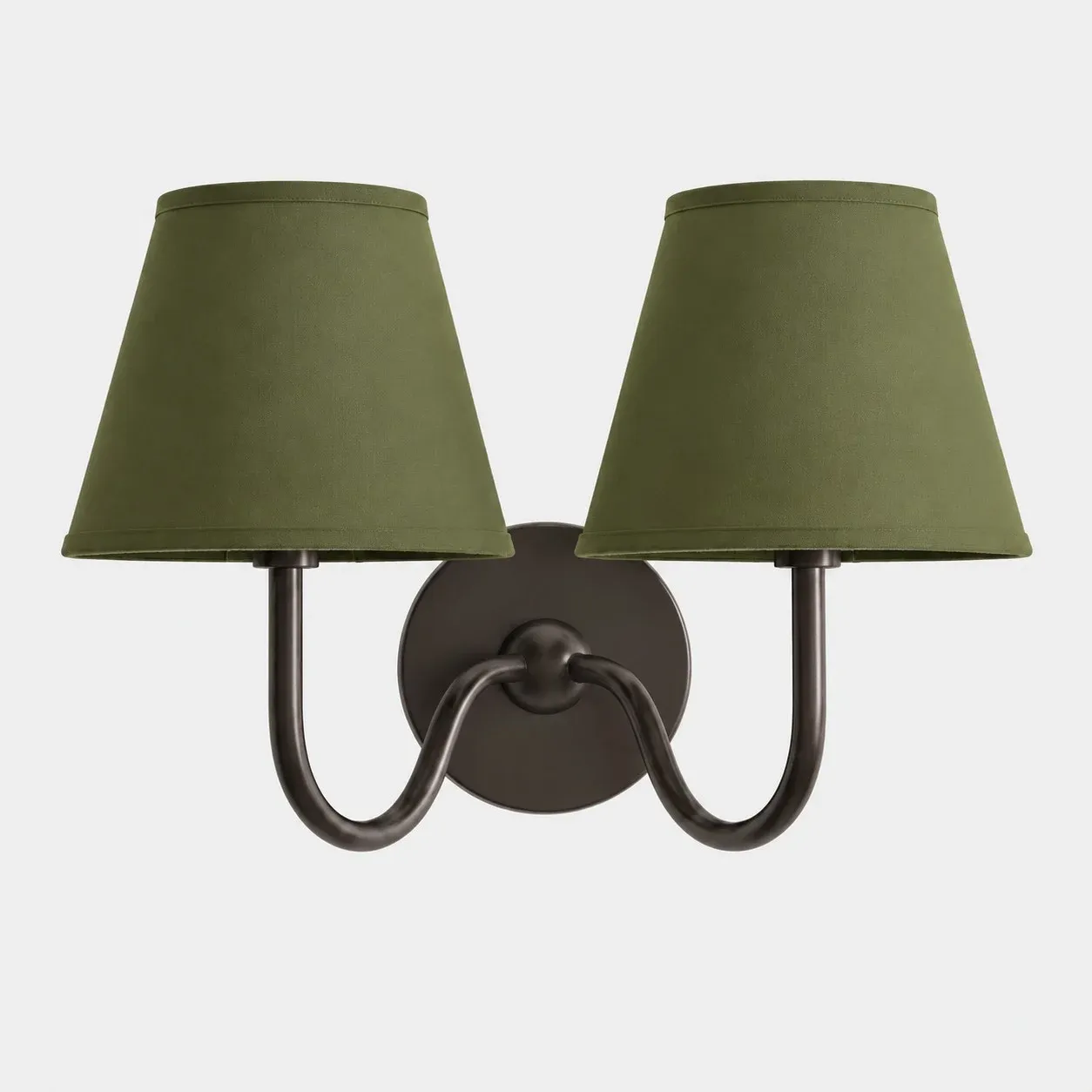 Two-head matte black wall sconce with a green plain fabric shade