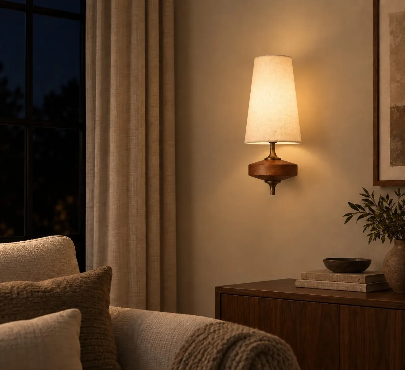 White fabric wall sconce glowing on a living room wall