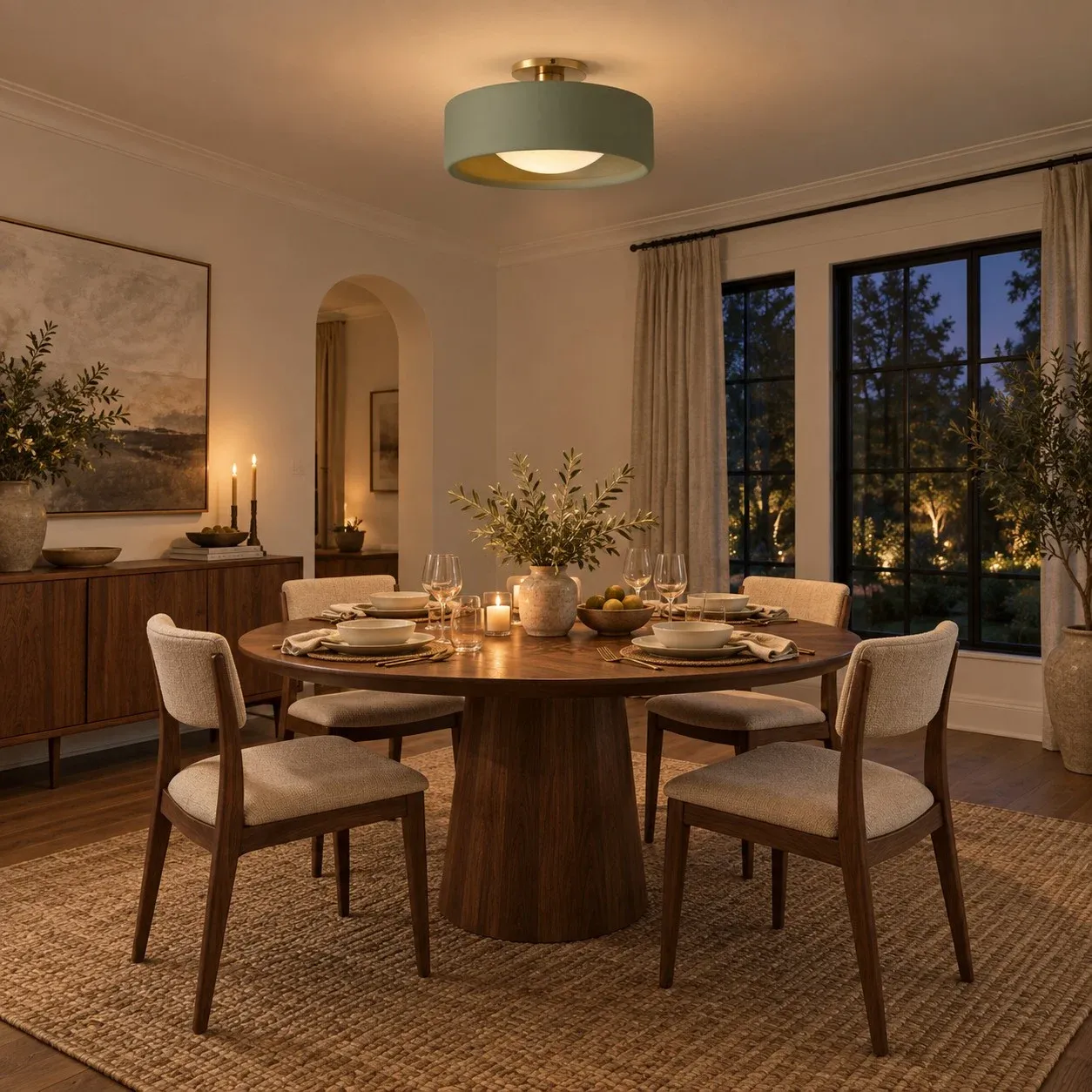 Green porcelain flush mount over a round dining table at dusk