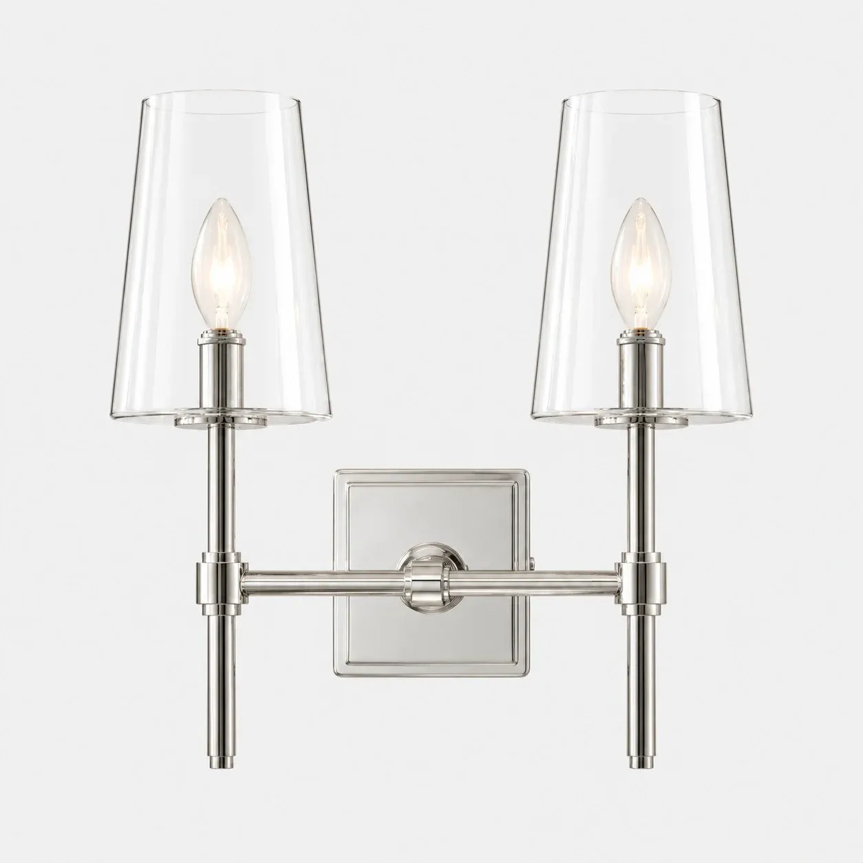 Nickel clear glass wall sconce, 2 heads