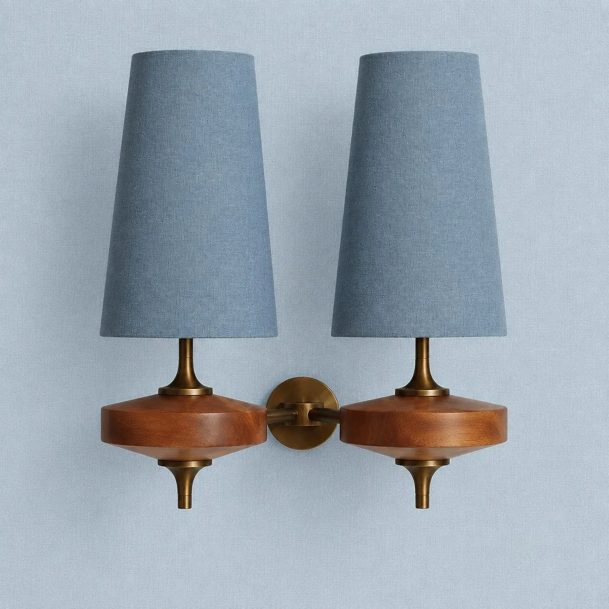 Dusty Blue 2 Heads fabric shade wall sconce on a walnut wood base