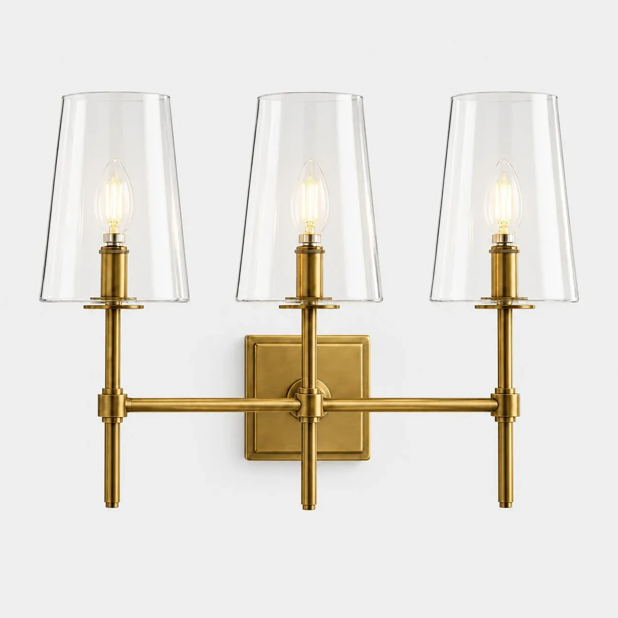 3 Heads brass clear glass wall sconce