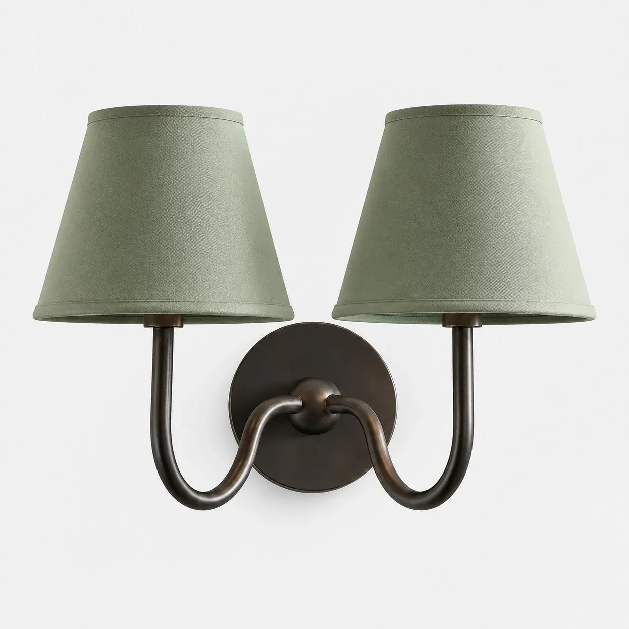 Two-head matte black wall sconce with a mustard yellow pleated fabric shade