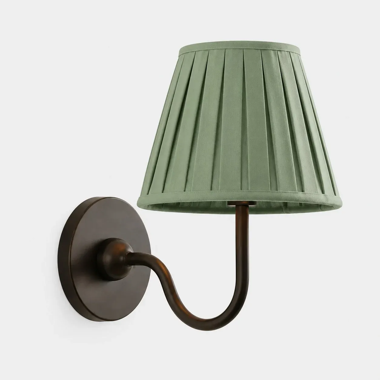 One-head matte black wall sconce with a sage green pleated fabric shade