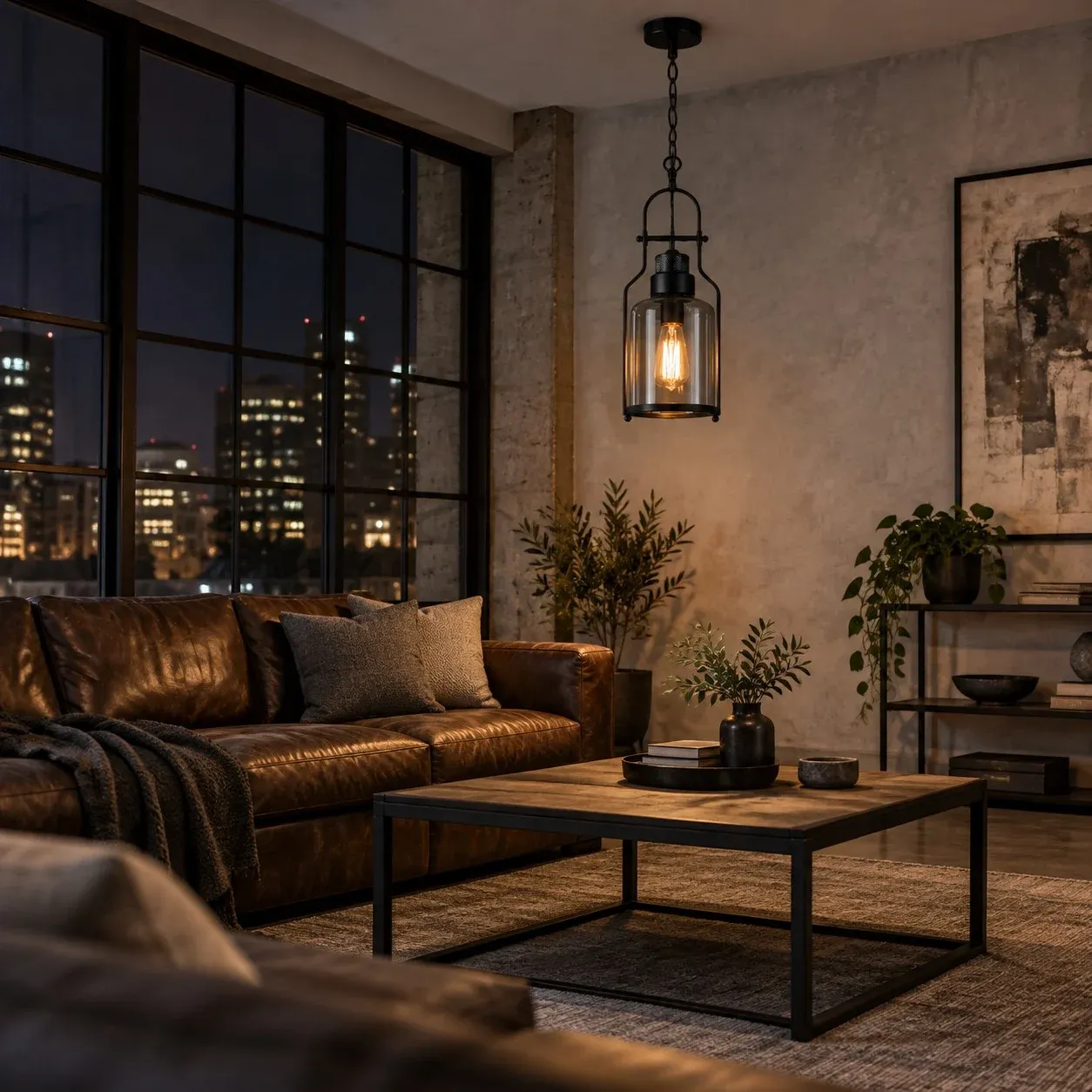 Black industrial glass pendant over a living room seating area