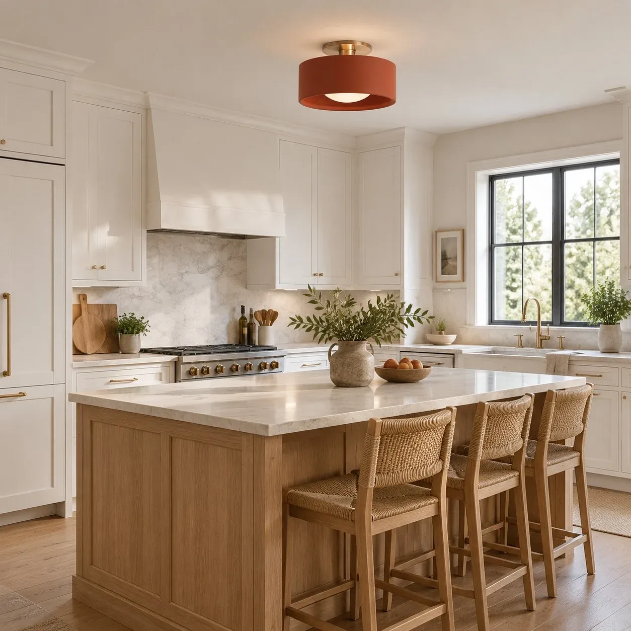 Red porcelain flush mount over a kitchen island
