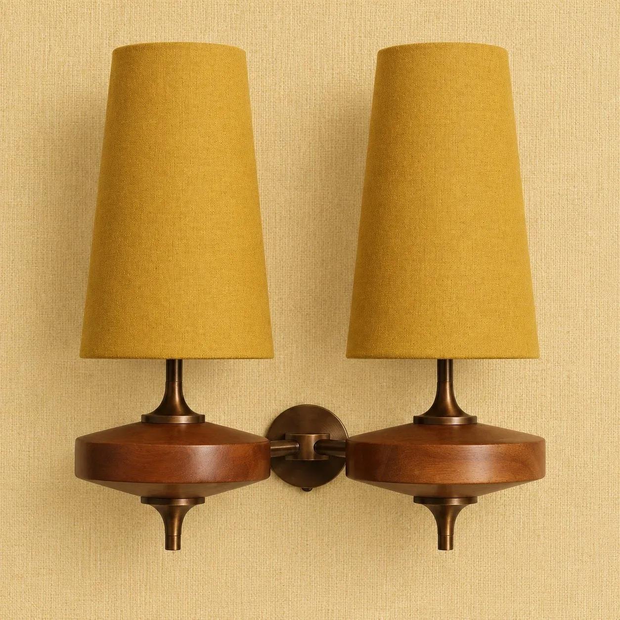 Mustard Yellow 2 Heads fabric shade wall sconce on a walnut wood base