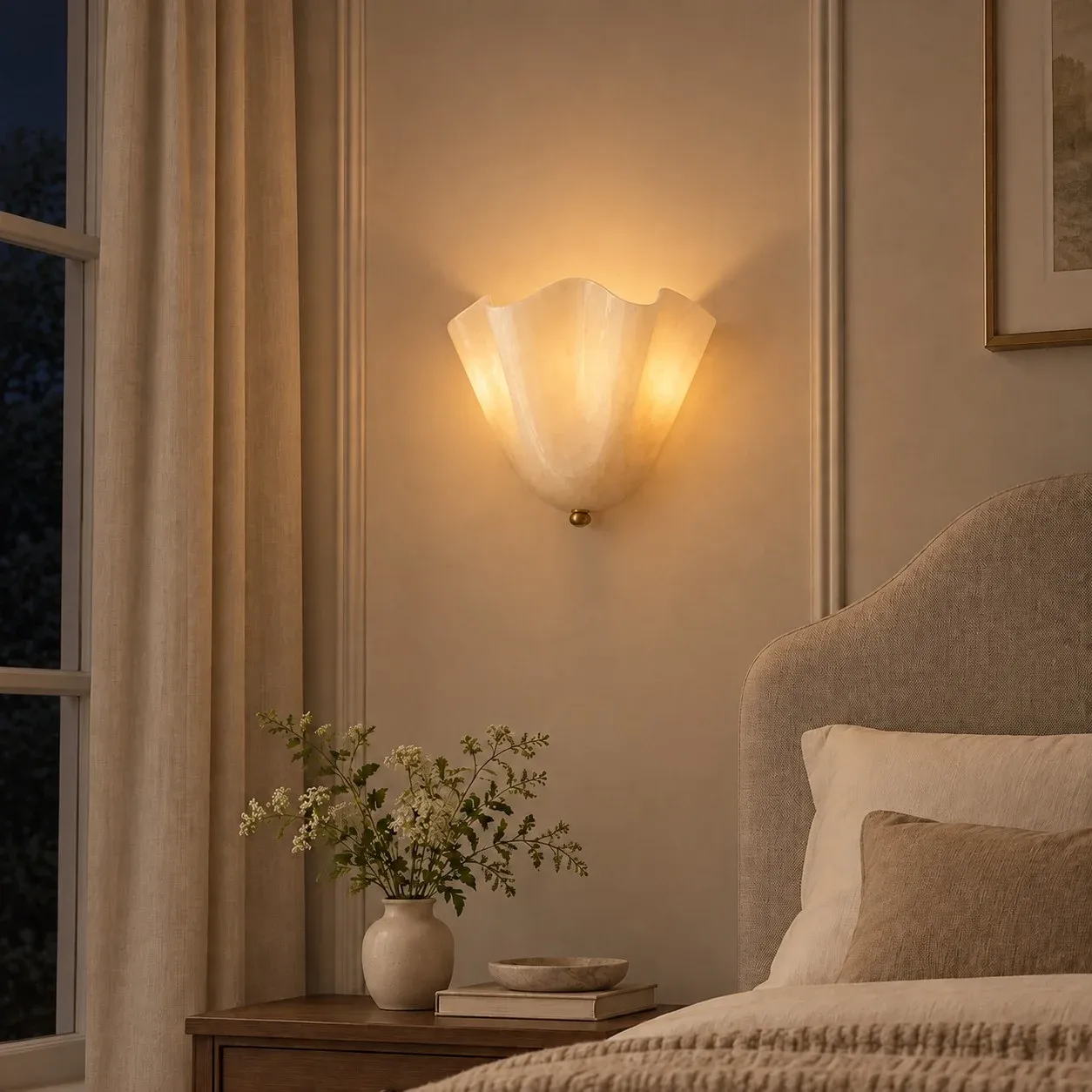 Beige white seashell wall sconce glowing beside a bed