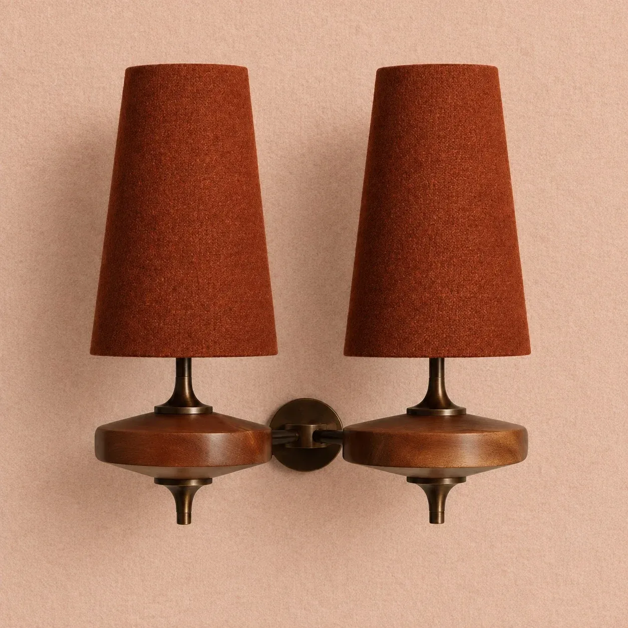 Red 2 Heads fabric shade wall sconce on a walnut wood base