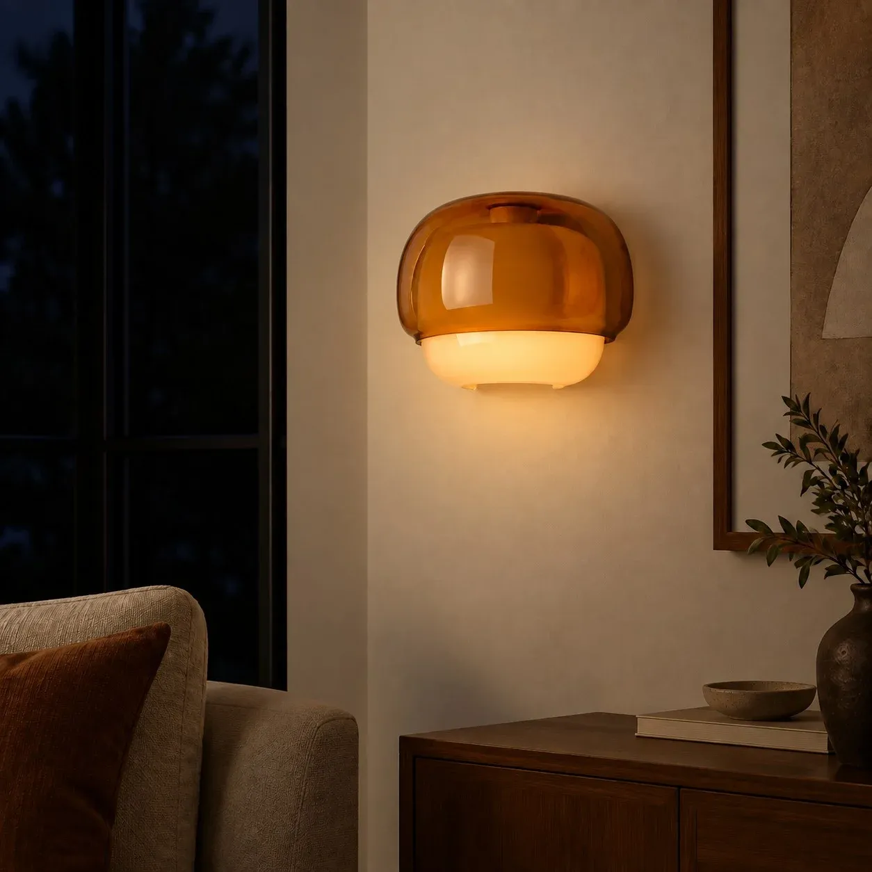 Orange glass wall sconce with the inner bowl glowing