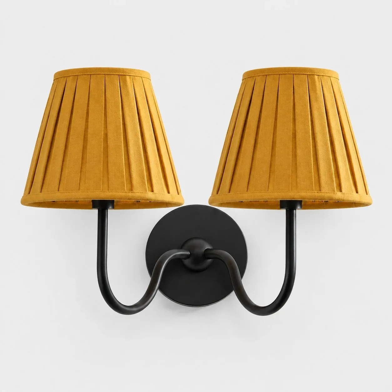 Two-head matte black wall sconce with a dusty blue pleated fabric shade
