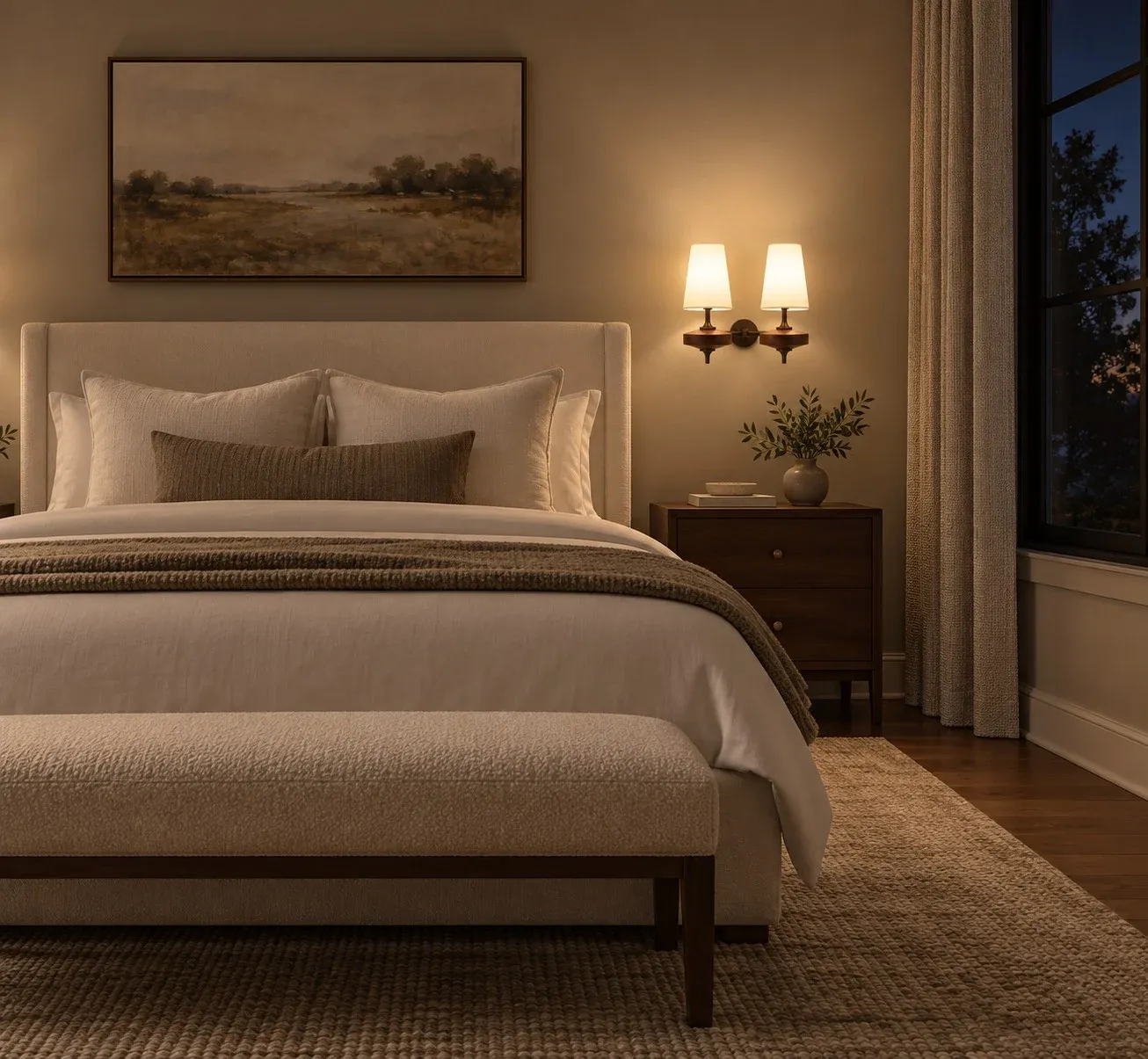 White 2 Heads fabric wall sconce glowing beside a bed at night