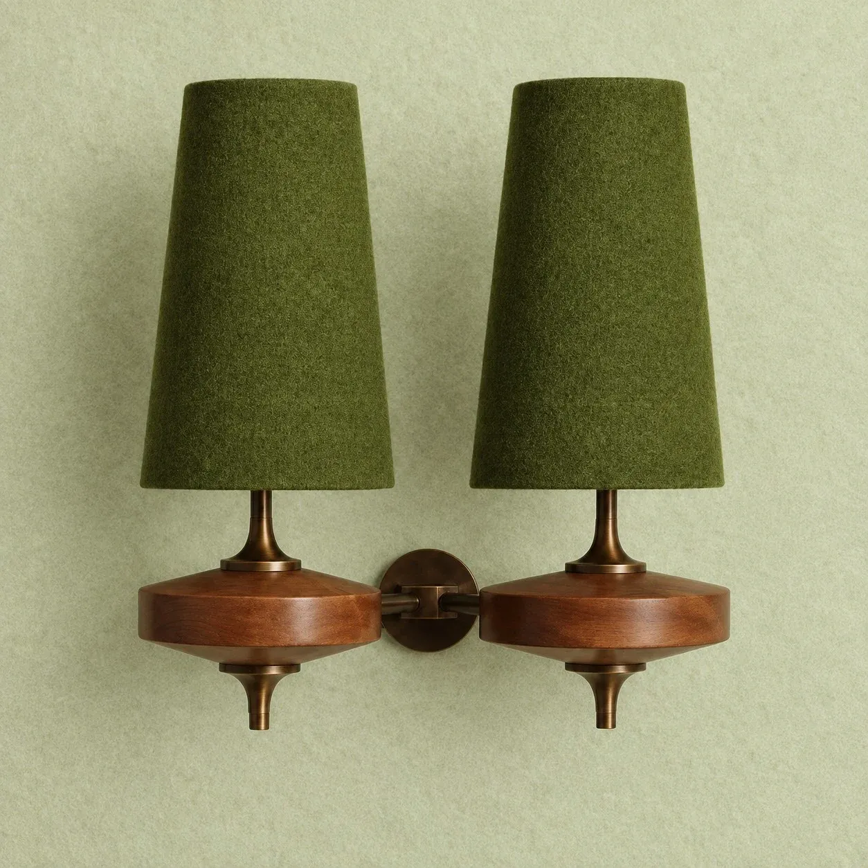 Green 2 Heads fabric shade wall sconce on a walnut wood base