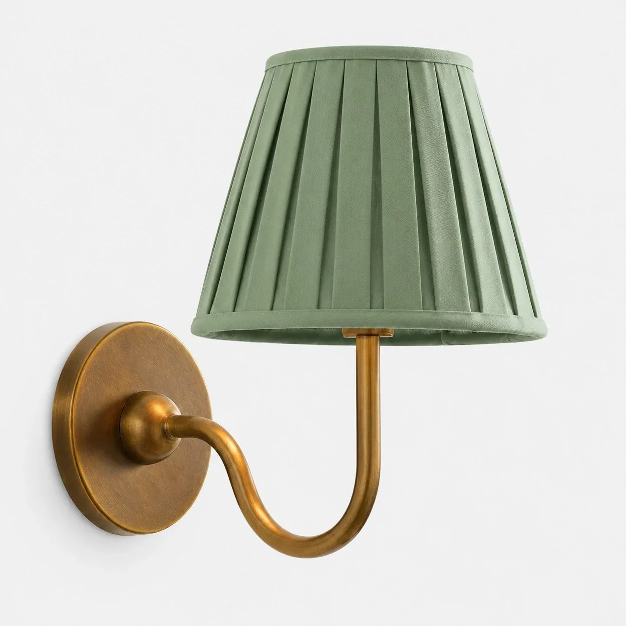 One-head brass wall sconce with a sage green pleated shade