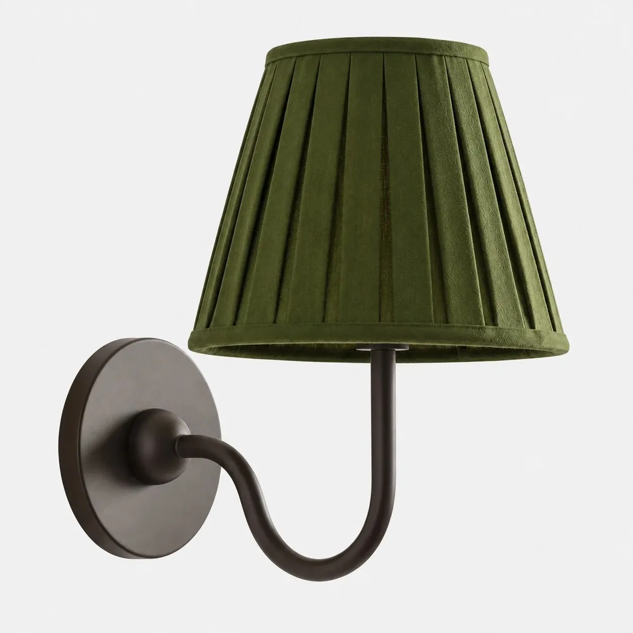 One-head matte black wall sconce with a green pleated fabric shade