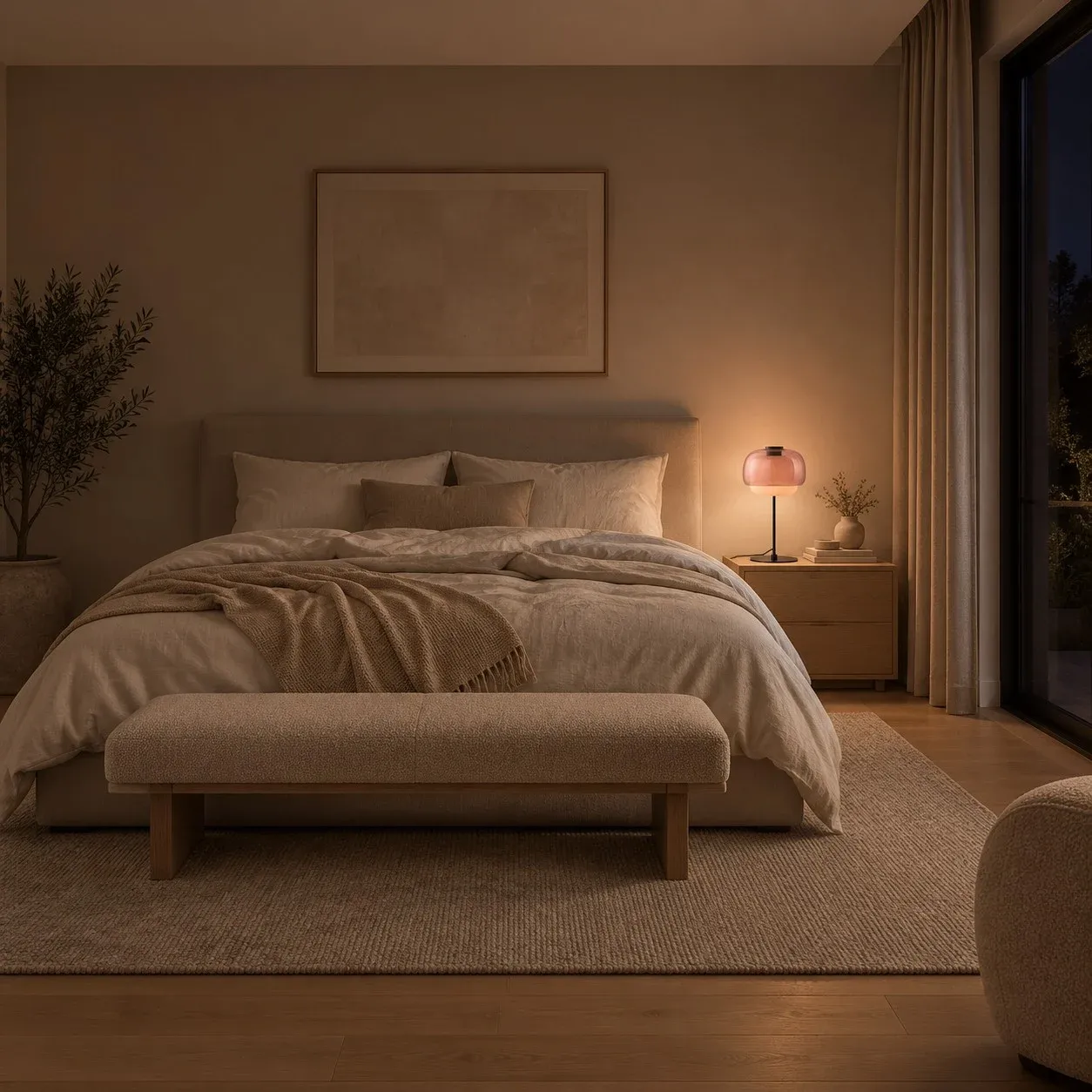 Blush glass table lamp glowing on a bedroom nightstand
