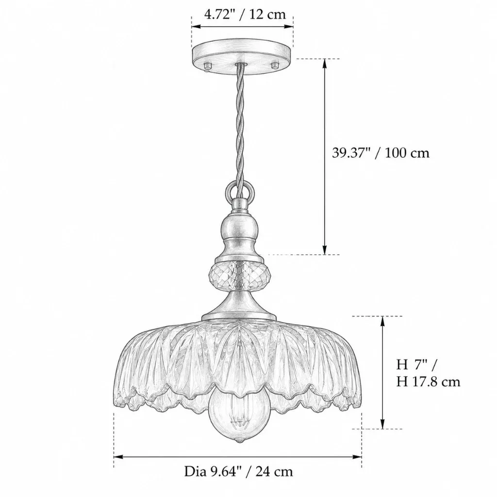Dessin dimensionnel du pendentif fleur : 9,64 de diamètre, 7 en hauteur d'abat-jour, 4,72 en canopée, 39,37 en longueur de suspension