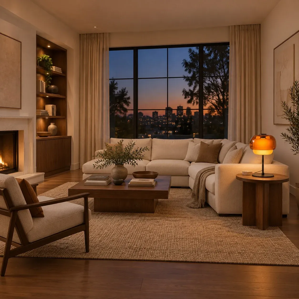 Orange glass table lamp glowing on a living-room side table