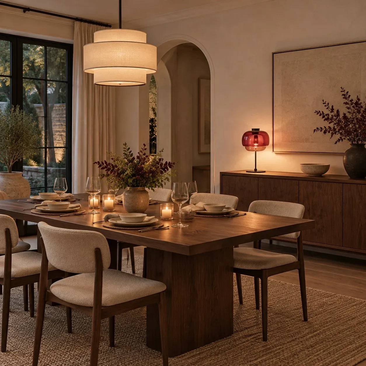 Burgundy glass table lamp glowing on a dining-room sideboard