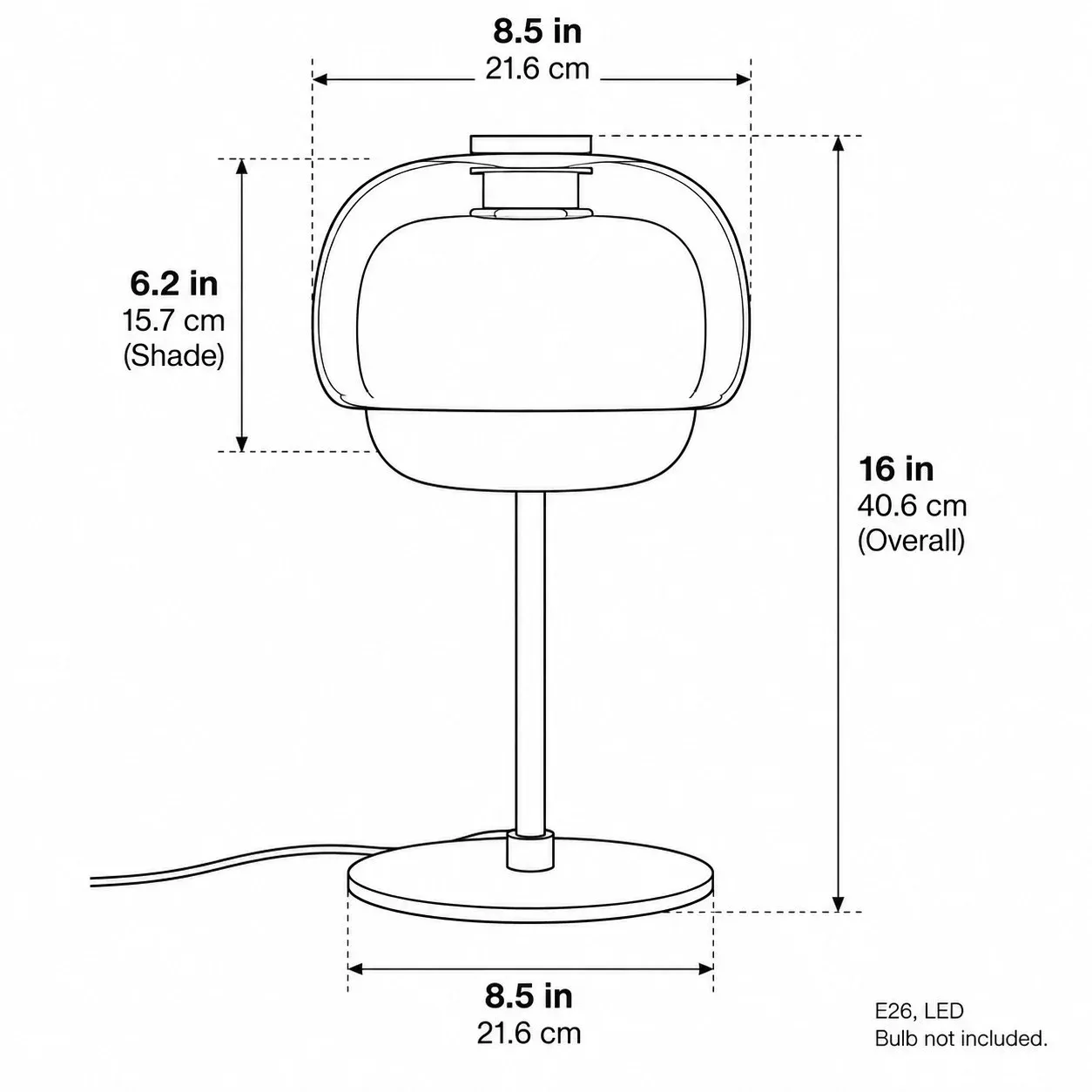 Maßzeichnung der Tischlampe aus Glas, 8,5 Zoll Durchmesser, 16 Zoll hoch