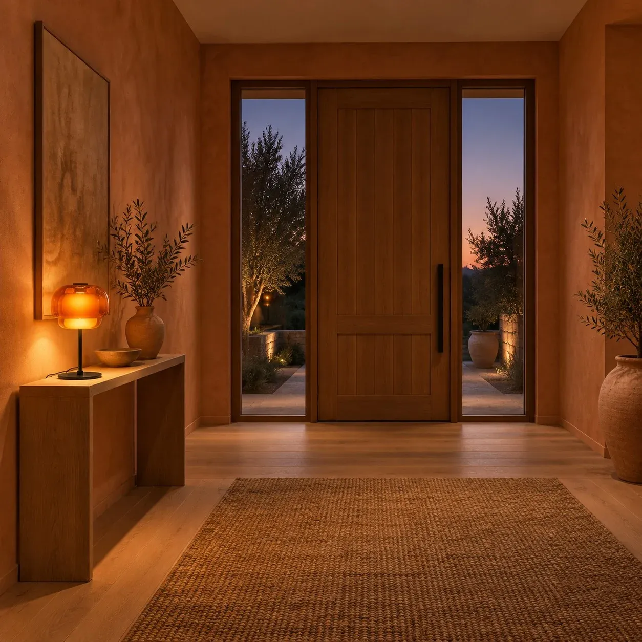 Orange glass table lamp glowing on an entry console