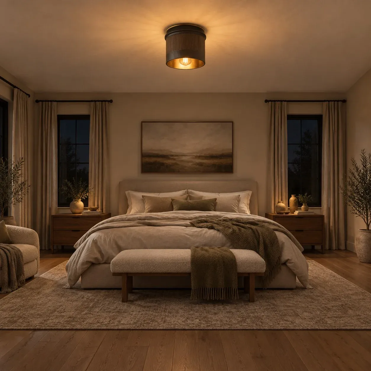 Schwarze, gerippte Deckenleuchte, die nachts über einem Schlafzimmer leuchtet.