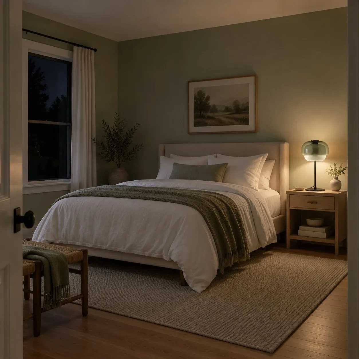 Green glass table lamp glowing on a bedroom nightstand