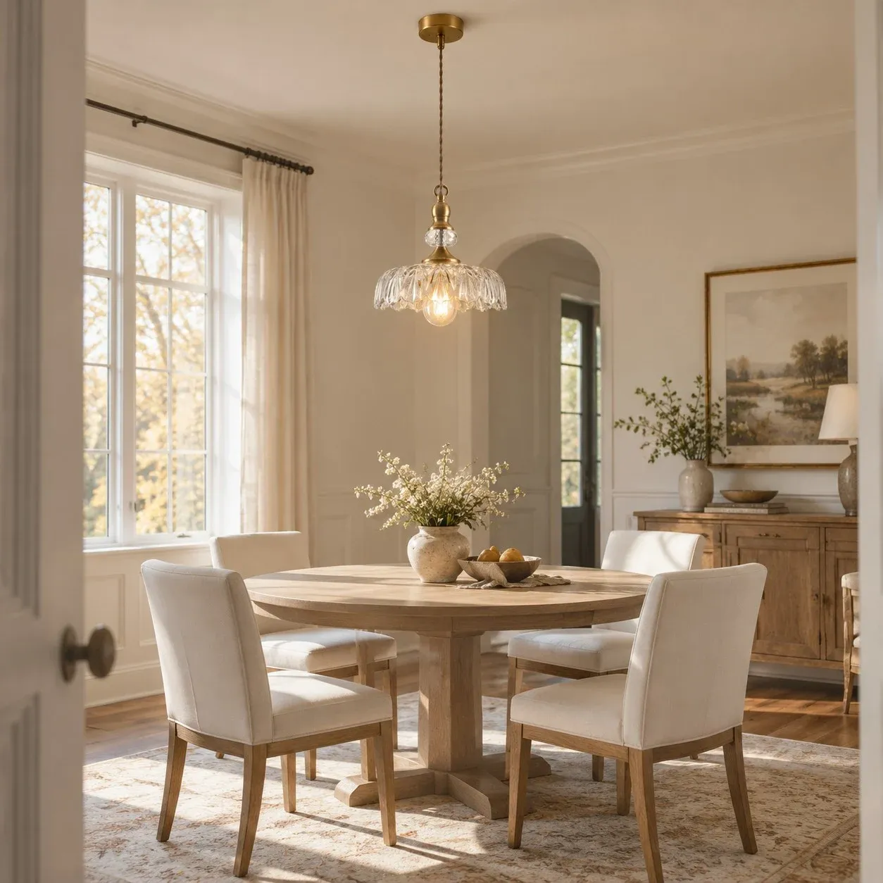 Suspension fleur en laiton transparent sur une table à manger ronde à la lumière du jour