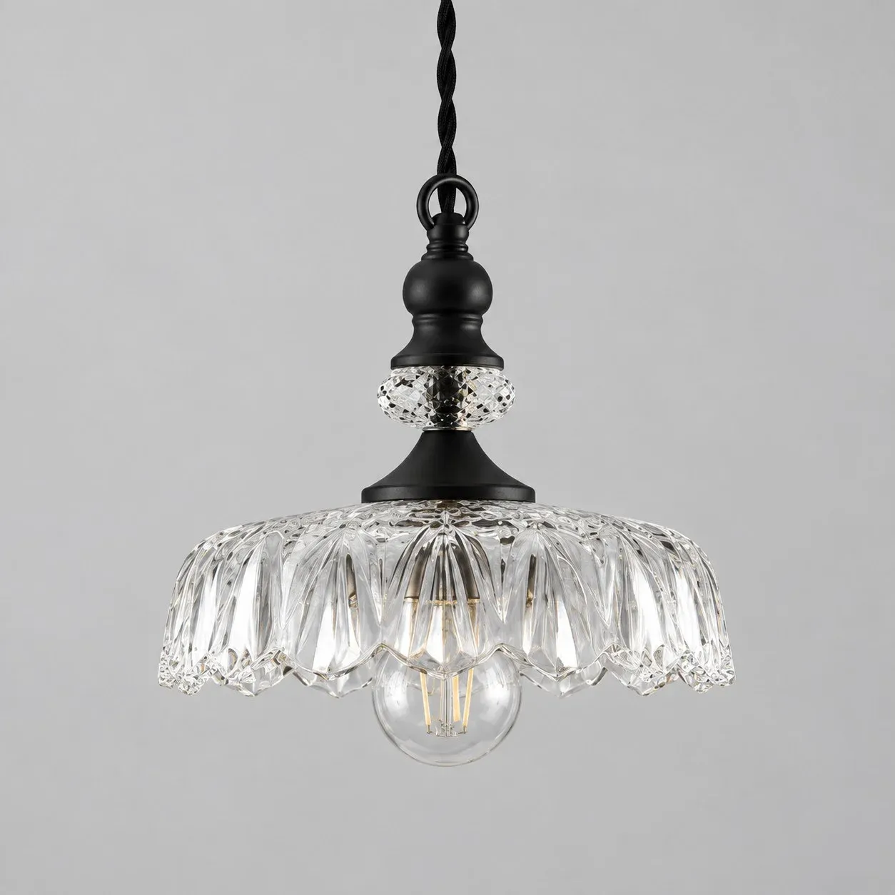 Verre clair, suspension en verre fleur en métal noir