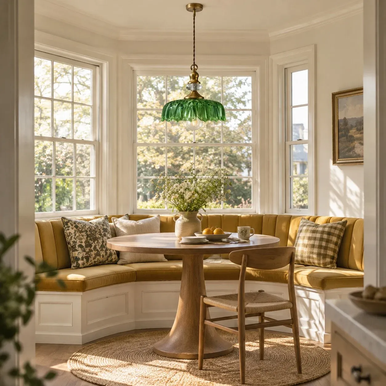 Pendentif fleur verte sur une table de coin petit-déjeuner à la lumière du jour