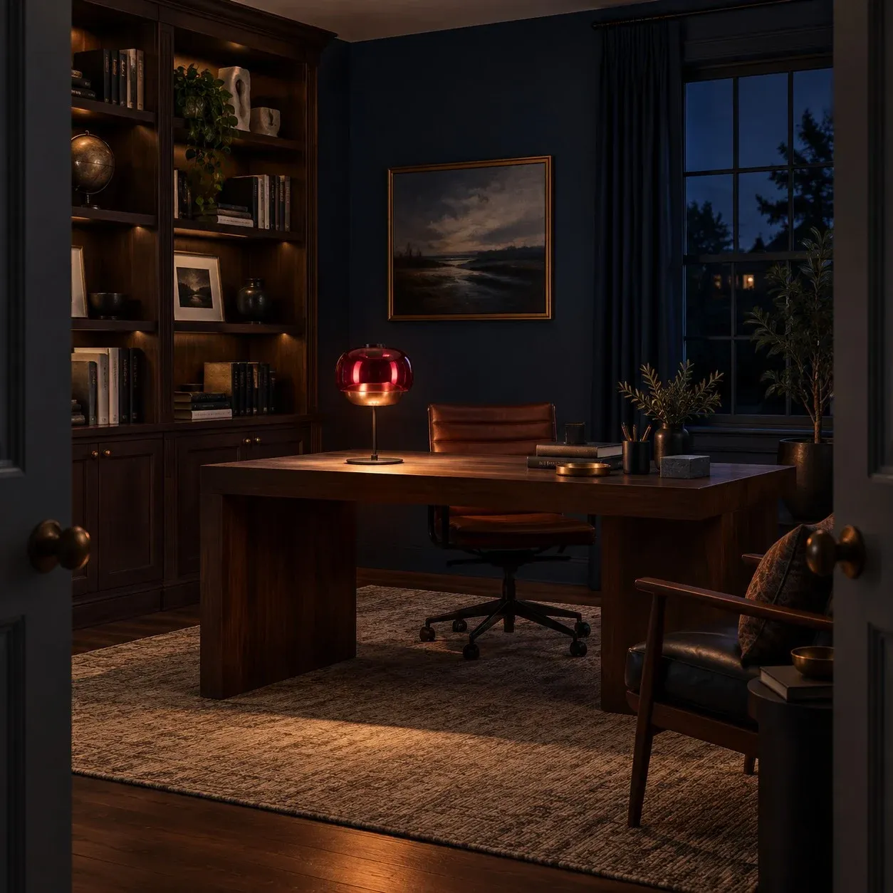 Burgundy glass table lamp glowing on a study desk