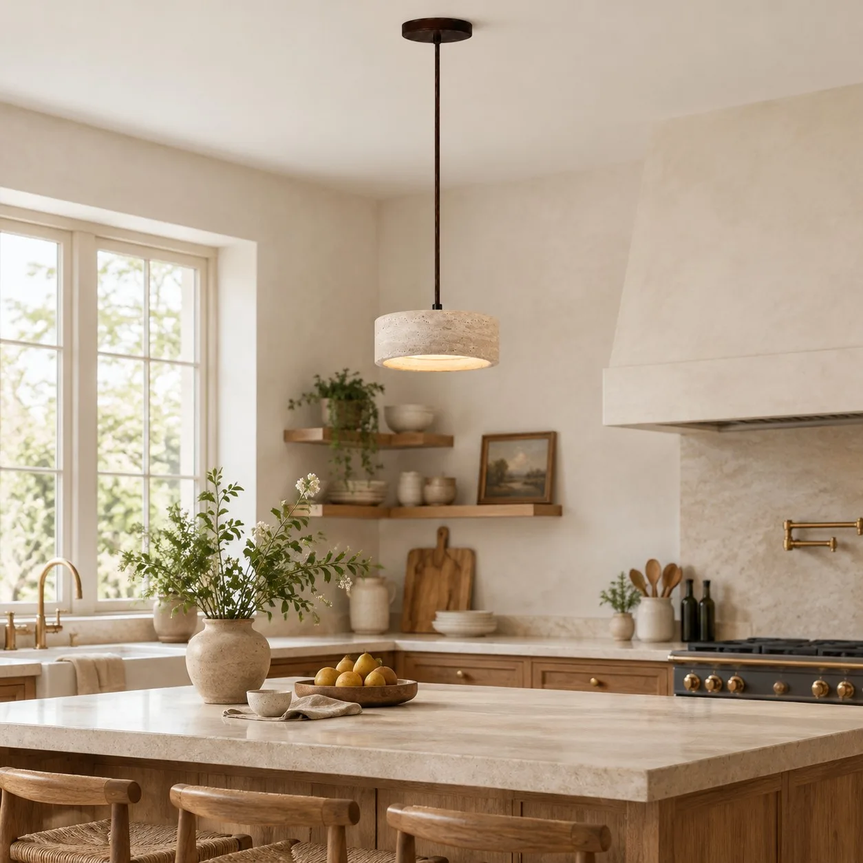 Lampadario cilindrico in travertino sopra un'isola da cucina
