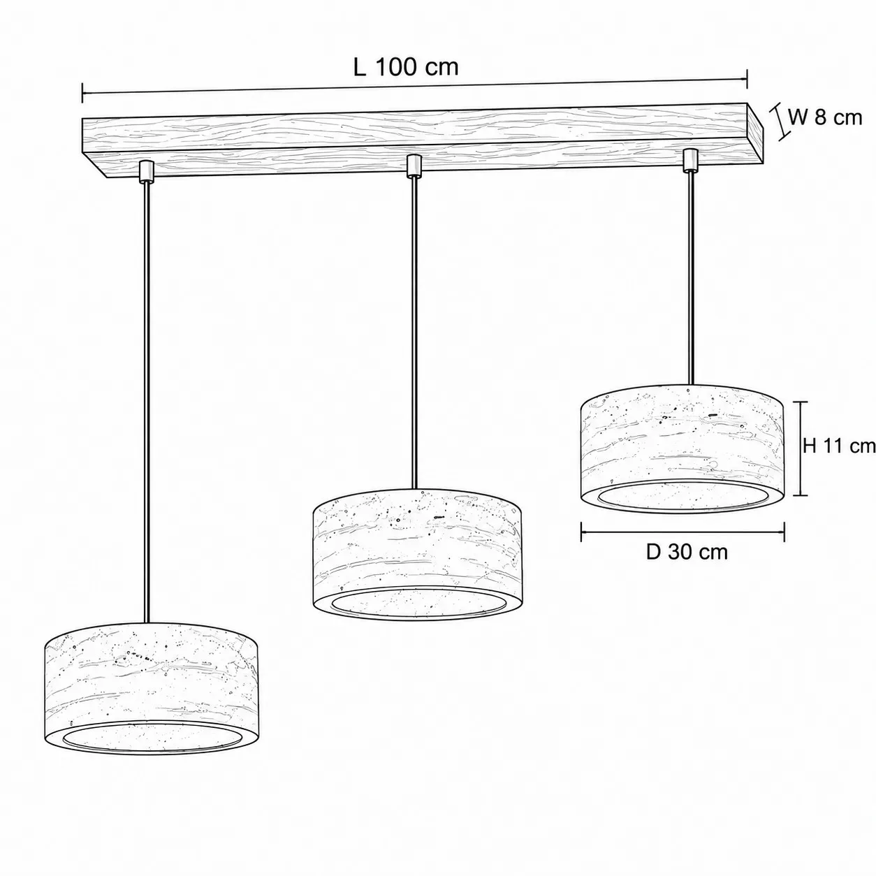 Disegno quotato, tre diffusori cilindrici da 30 cm su barra in noce da 100 cm