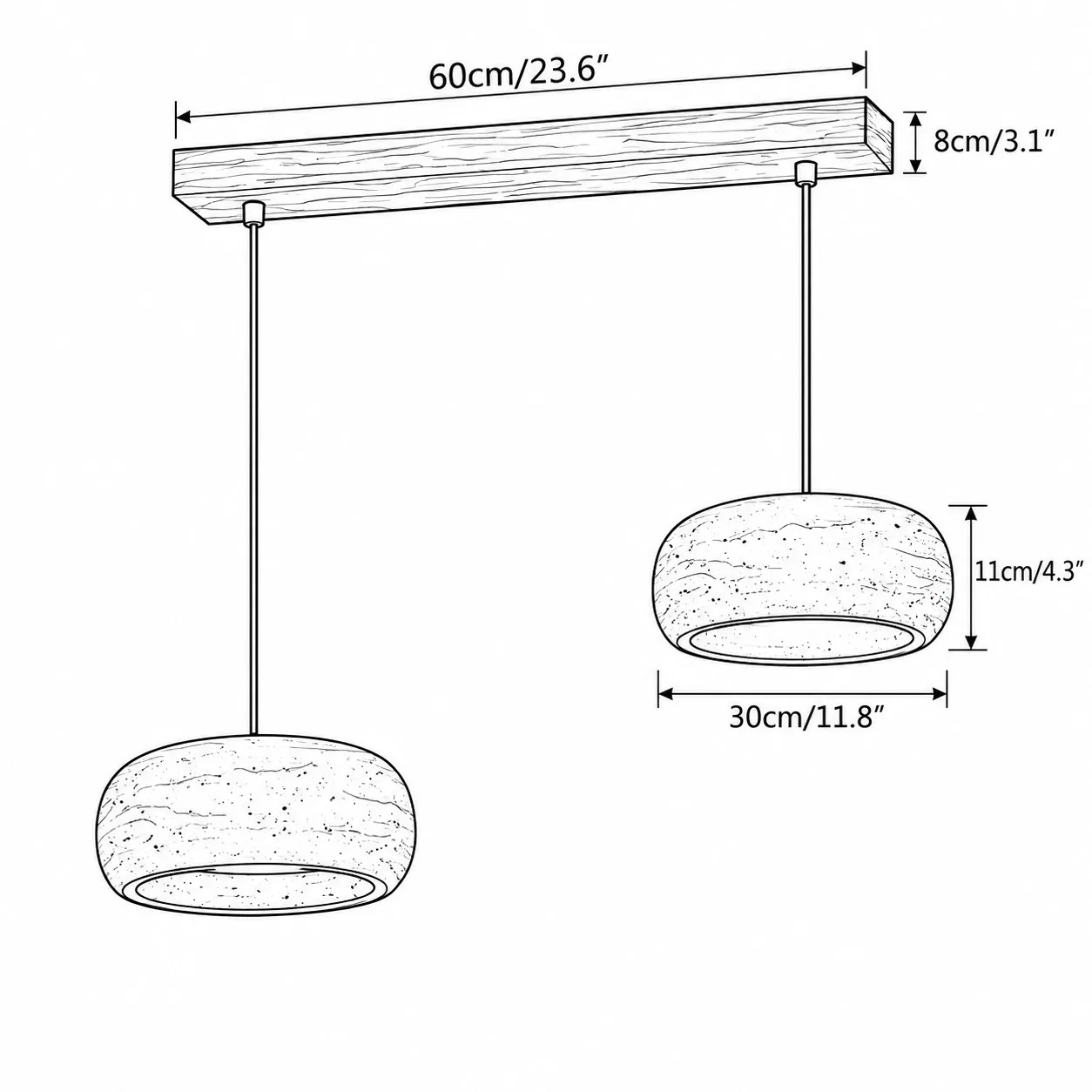 Disegno quotato, due paralumi arrotondati da 30 cm su barra in noce da 60 cm