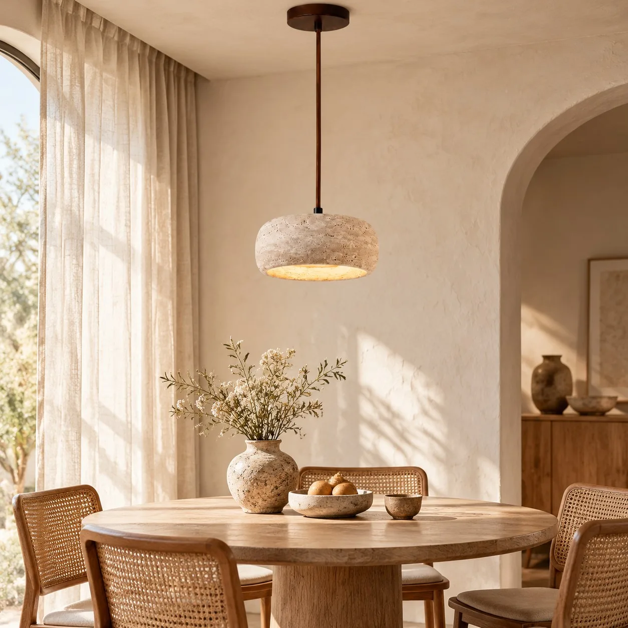 Lampadario arrotondato in travertino sopra un tavolo da pranzo rotondo