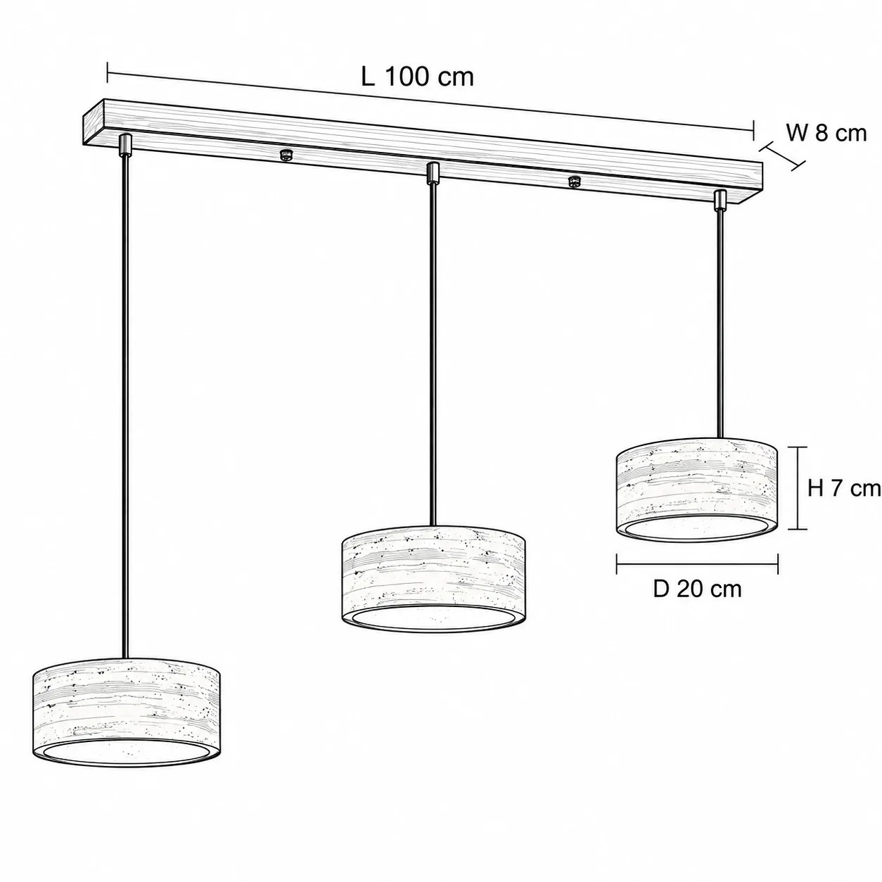 Disegno quotato, tre diffusori cilindrici da 20 cm su barra di noce da 100 cm