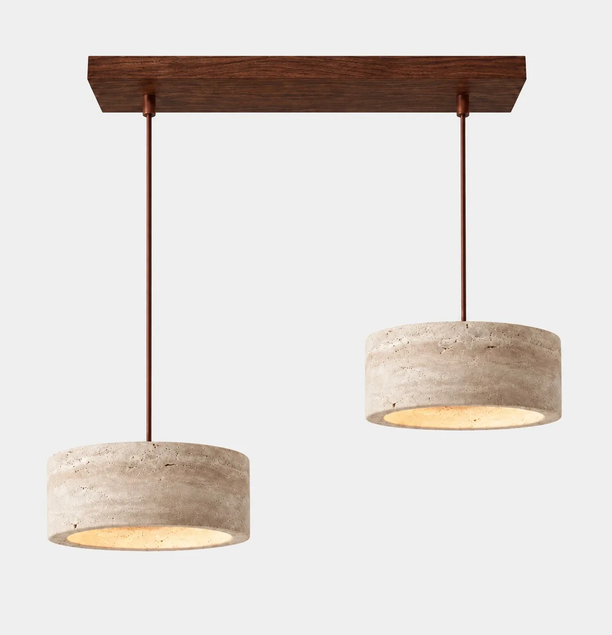 Two cylindrical travertine pendants on a walnut bar