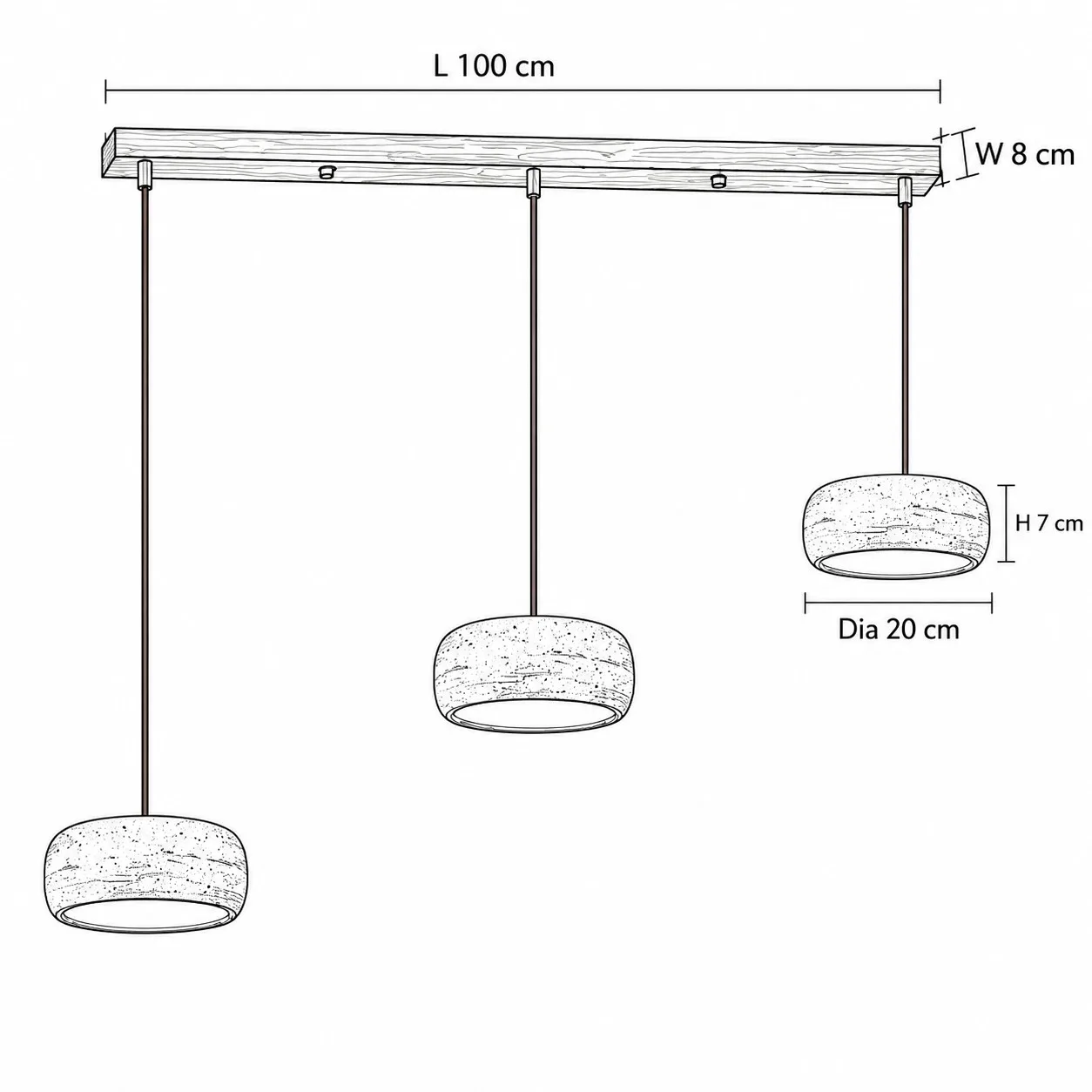 Disegno quotato, tre diffusori arrotondati da 20 cm su barra in noce da 100 cm