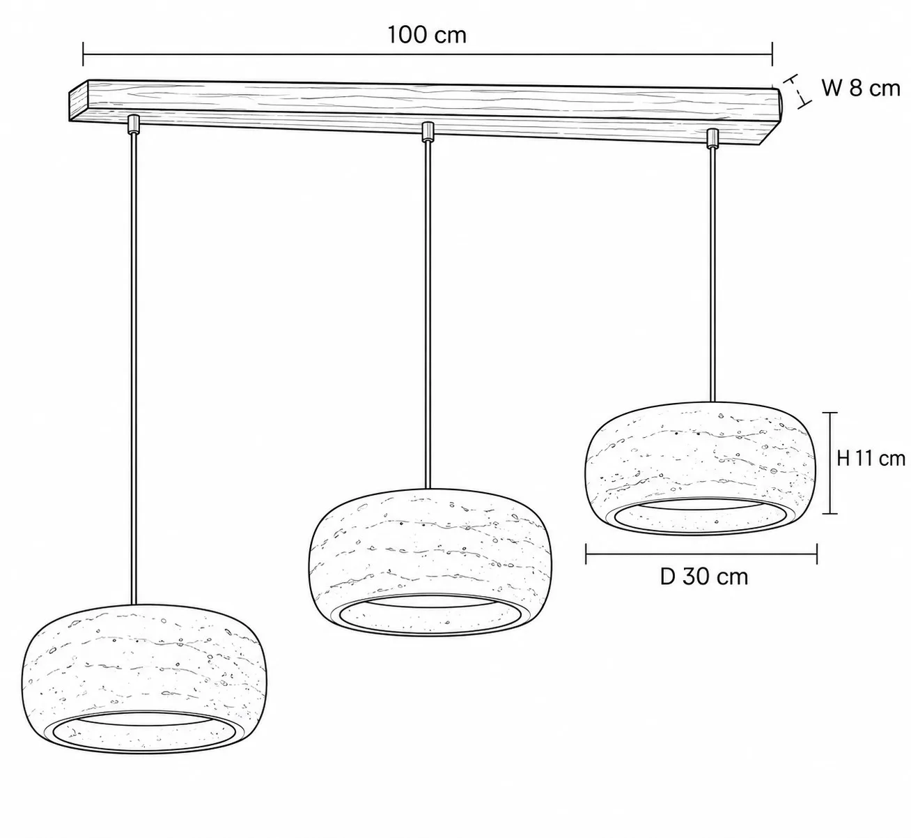 Disegno quotato, tre diffusori arrotondati da 30 cm su barra in noce da 100 cm