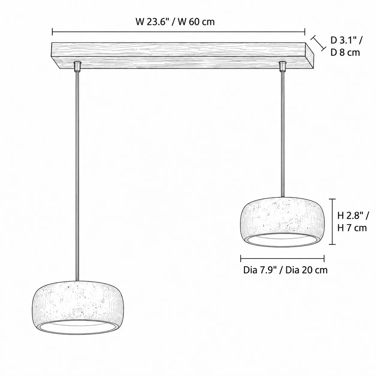 Disegno quotato, due paralumi arrotondati da 20 cm su barra in noce da 60 cm