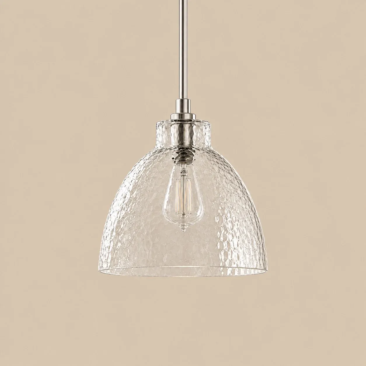 8 inch hammered glass bell pendant in Nickel