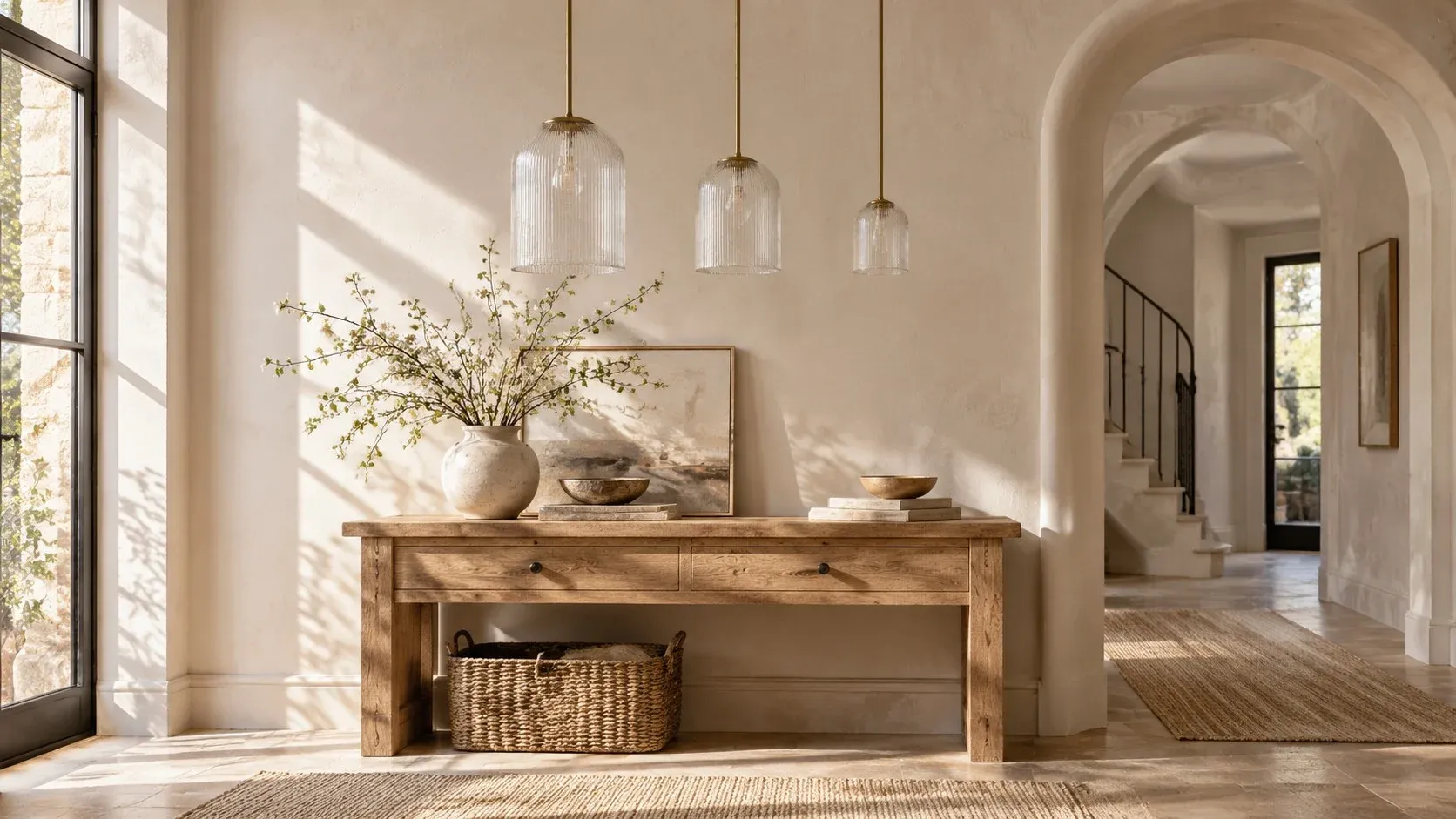 Three brass ribbed bell pendants in three sizes, unlit above an entry table