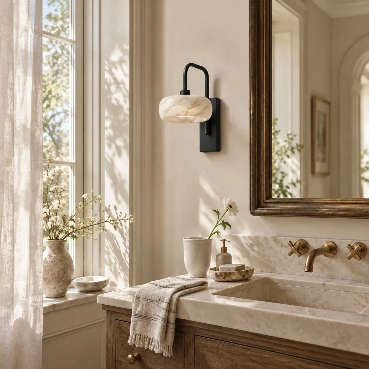 Rounded alabaster and black metal wall sconce in a daylit bathroom