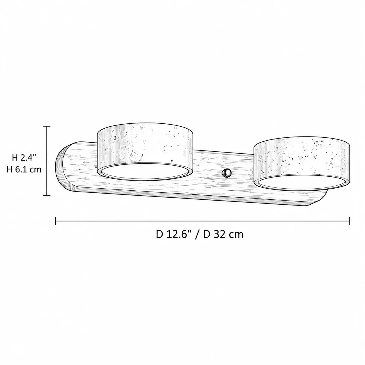 Dimension drawing of the two-light bar, 12.6 inches long and 2.4 inches high