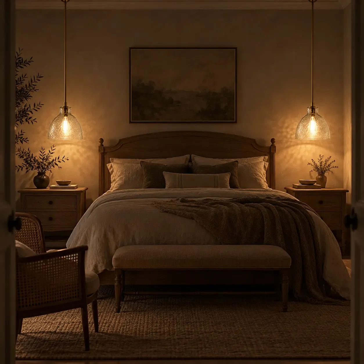 Two brass hammered-glass pendants lit on either side of a bed at night