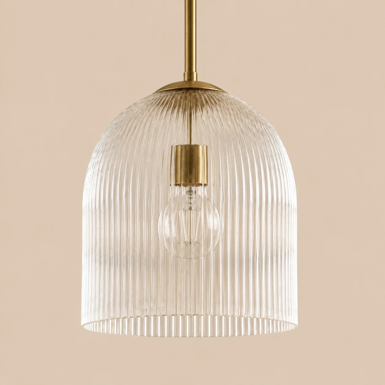 Large ribbed glass bell pendant in Brass