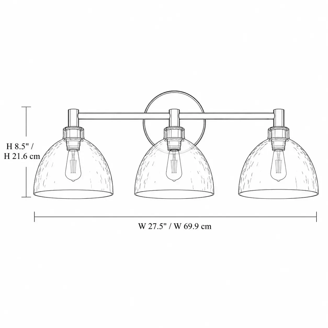 Dimension drawing of the three-head wall sconce, 27.5 inches wide and 8.5 inches high