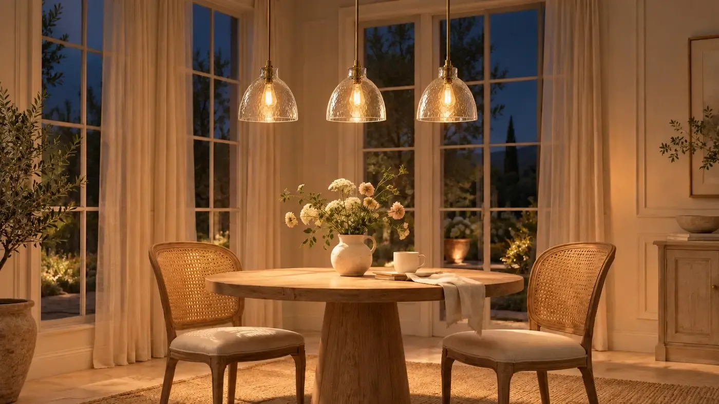 Three brass hammered glass pendants lit over a dining table at night